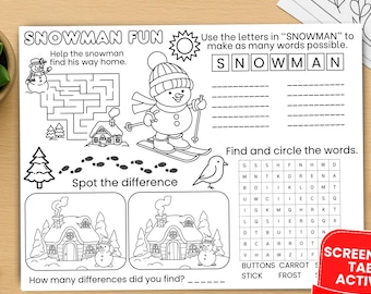 Afdrukbare placemat sneeuwpopactiviteit voor kinderen, gratis winterwerkblad voor herbruikbaar stiltescherm