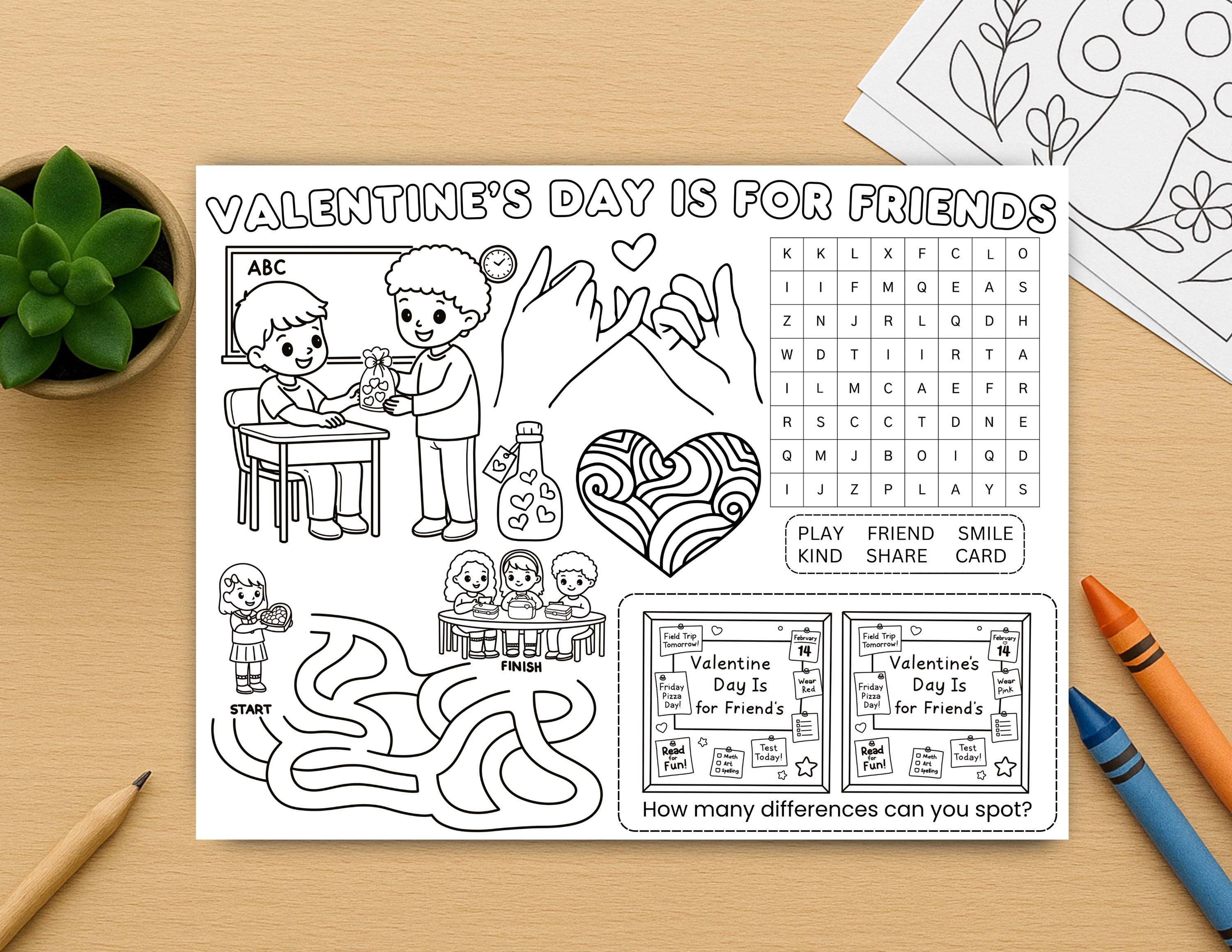 Valentine’s Day is for Friends Activity Placemat - Kids Coloring ...