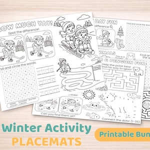 Peut inclure: Un ensemble de sept sets de table d'activités hivernales avec des illustrations en noir et blanc. Les sets de table présentent des jeux, des labyrinthes, des points à relier et des jeux de recherche de mots sur le thème de l'hiver. Le texte comprend "Snow Much Yay!", "Day Fun" et "Printable Bundle".