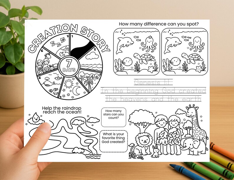 May include: Black and white activity sheet featuring the text "Creation Story" and "7 Days". Includes a maze, a spot-the-difference game, and illustrations of animals and people. The sheet is held by a hand.