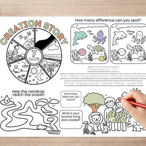 May include: Black and white activity sheet featuring the text "CREATION STORY" and "7 DAYS". Includes illustrations of the creation story, a maze, and a spot-the-difference game. A hand is holding a red pen.
