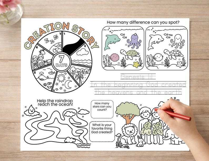May include: Black and white activity sheet featuring the text "CREATION STORY" and "7 DAYS". Includes illustrations of the creation story, a maze, and a spot-the-difference game. A hand is holding a red pen.