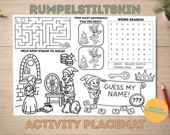 Rumpelstiltskin Printable Coloring Placemat, Kids Table Activities, Fairy Tale Games