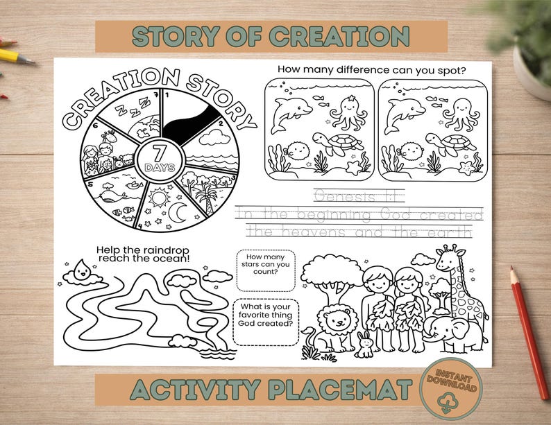 May include: Black and white activity placemat featuring the text "Story of Creation" and "Activity Placemat". The placemat includes a maze, a "spot the difference" game, and illustrations of the creation story.
