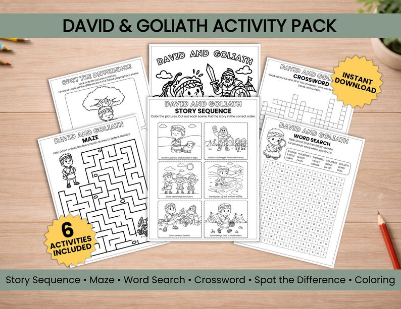 David and Goliath Printable Bible Activity Pack for Kids, Sunday School ...