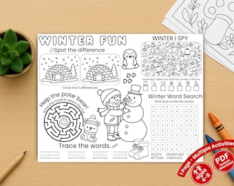 Winteractiviteit-placemat voor kinderen afdrukbaar - stille tijd zonder scherm
