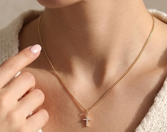 Pave kruisketting voor dames, gouden kruishanger, christelijk geloofssieraden