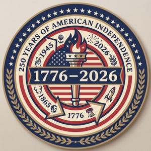 Può includere: Emblema circolare che commemora i 250 anni dell'Indipendenza Americana. Il design presenta una torcia centrale con fiamme, gli anni 1776-2026 e la bandiera americana. L'emblema è in rosso, bianco e blu con stelle e foglie di alloro.