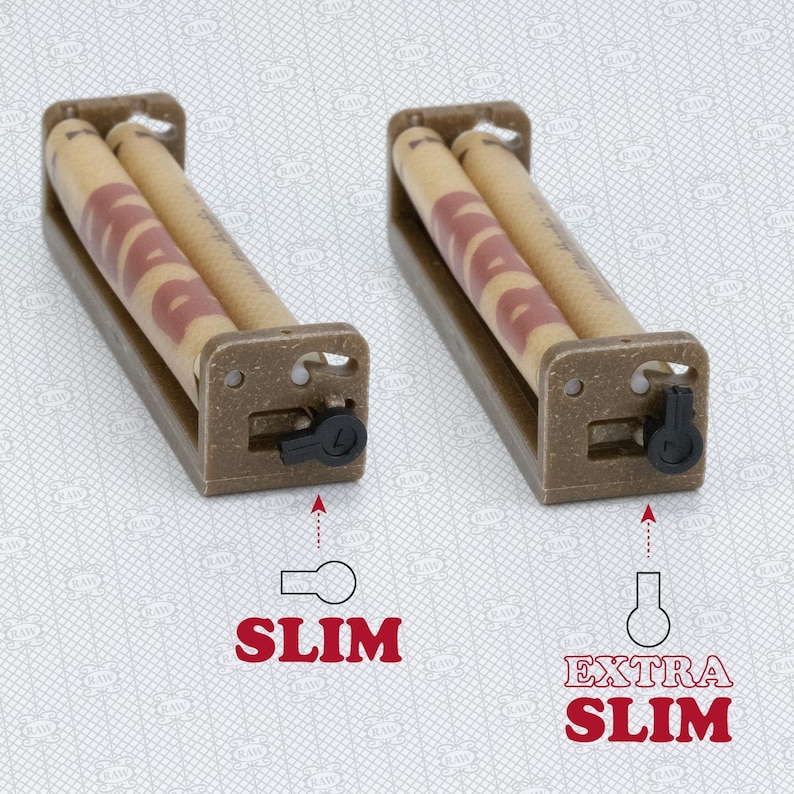 May include: Two brown plastic rolling machines with tan rollers featuring the red RAW logo. Each device has a small black adjustable switch on the side. Below the devices, text labels indicate SLIM and EXTRA SLIM with corresponding icons.