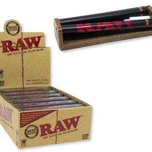 May include: A RAW brand hemp composite plastic cone rolling machine for 110 mm king size cones. The product is displayed in a tan cardboard retail box with red RAW branding, and a single black rolling machine is shown positioned above the box.
