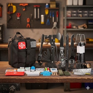 Könnte beinhalten: Ein schwarzes Survival-Kit mit einer Erste-Hilfe-Tasche, einem amerikanischen Flaggenaufnäher und einem roten Kreuz-Aufnäher. Das Kit enthält eine Axt, ein Messer, eine Taschenlampe, eine Laterne und andere Werkzeuge. Verschiedene Erste-Hilfe-Materialien sind ebenfalls enthalten.