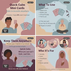 May include: An illustrated guide for Quick Calm Mini Cards. The image shows a man holding a card, with text that reads "Quick Calm Mini Cards" and "Calm in seconds anywhere." The cards are wallet-sized and designed for on-the-go use.
