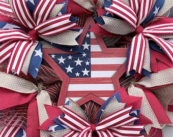 Patriotic Star Wreath Front Door Hanger Summer Porch Entrance Farmhouse Outdoor Handmade Flag Classic American Red White Blue