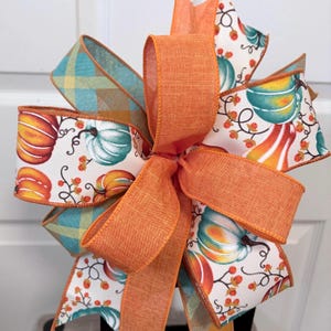 Fall Pumpkin Wreath Bow | Rustic Farmhouse Autumn Decor | Teal & Orange Ribbon Bow | Lantern Bow