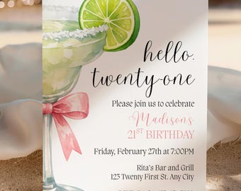 Margarita 21st Birthday Invitation Pink Bow, Editable Margarita Cocktail Party Invite, Modern Minimalist Invite, Instant Digital Download