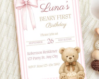 Beary First Birthday Invitation Template, Editable Girls Pink Stripe 1st Birthday Invite, Boho Bear Theme Party, Instant Download, 5x7
