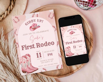 Editable First Rodeo Birthday Invitation, Printable Cowgirl First Birthday Invite, Western Party, Instant Digital Download, Canva Template