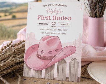 First Rodeo Birthday Invitation Template, Editable Pink Cowgirl Western Theme 1st Party Invite, Edit in Canva, Instant Digital Download 5x7