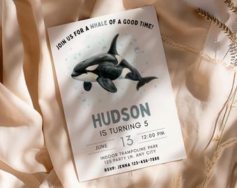Orca Birthday Invitation Template, Printable Whale of a Good Time Party Invite, Killer Whale Birthday, Kids 5th Birthday, Editable in Canva