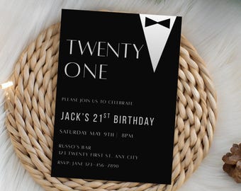 21st Birthday Invitation for Him, Printable Black Tie 21st Birthday Invite, Mens Modern Minimalist Birthday Invite Any Age, Edit in Canva