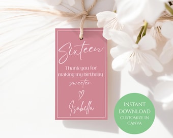 Pink 16th Birthday Thank you Gift Tag Template, Printable Sixteenth Birthday Party Favor Tags, Sweet 16, Editable in Canva, Instant Download