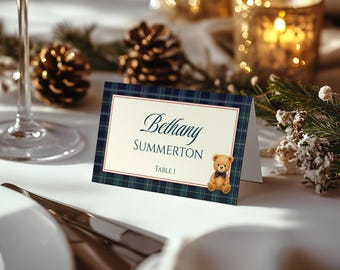 Polo Teddy Bear Place Card Template, Editable Baby Shower Name Card, Printable Plaid Place Cards, Edit in Canva, Instant Digital Download