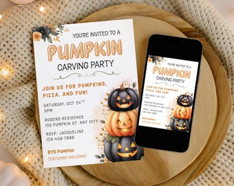 Pumpkin Carving Party Invitation Template, Printable Halloween Party Invite, Halloween Digital Invite, Edit in Canva, Instant Download, Fall