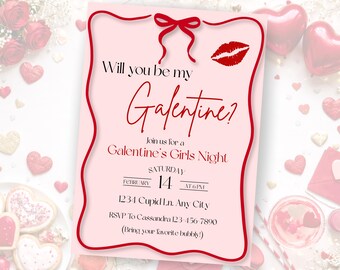 Galentine's Party Invitation Printable Template, Editable Valentine's Day Invite, Girls Night Invite - Pink and Red Bow, Instant Download