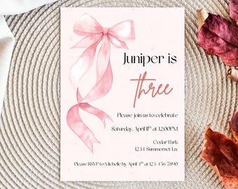 Pink Bow 3rd Birthday Invitation, Printable Girls Pink Bow Party Invite For Any Age, Editable Canva Template  5x7, Instant Digital Download