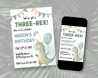Three Rex Birthday Invitation, Dinosaur Theme 3rd Birthday Invite for Kids, Boys Dino Party, Printable Digital Template, Instant Download