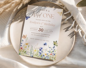 Wild One Birthday Invitation Template, Printable Girl Wildflower First Birthday Invite, Floral 1st Birthday, Edit in Canva, Instant Download