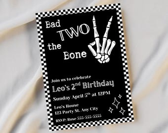 Bad Two The Bone Birthday Invitation, Black Checkered 2nd Birthday Invite, Skeleton Skull Bad 2 the Bone Theme, Editable Canva Template, 5x7
