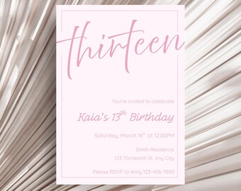 Pink Minimalist 13th Birthday Invitation for Girls, Cute Modern Thirteenth Party Invite for Teens, Editable Canva Template, Instant Download