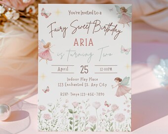Editable Fairy Birthday Invitation, Girls Floral Fairy Butterfly Party Invite, Digital Download, 5x7 Canva Template, Fairy First Birthday