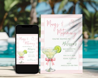 Margs and Matrimony Bachelorette Party Invitation, Editable Pink Margarita Invite for Bridal Shower or Girls Weekend, Cocktail Bachelorette