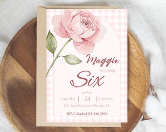 Rosa Blume zum 6. Geburtstagseinladung, rosa Gingham-Mädchen-Geburtstagseinladung für jedes Alter, bearbeitbare Canva-Vorlage, sofortiger digitaler Download