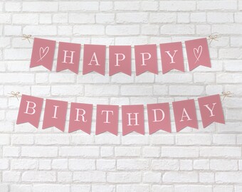 Pink Minimalist Birthday Banner Template, Printable Girls Happy Birthday Sign, Sweet 16 Party Decor, Editable in Canva, Instant Download