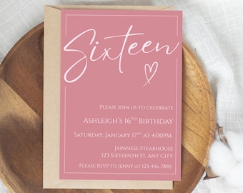 Pink Sixteenth Birthday Invitation, Printable Girls 16th Birthday Invite, Modern Minimalist Sweet 16, Editable Template 5x7 Instant Download