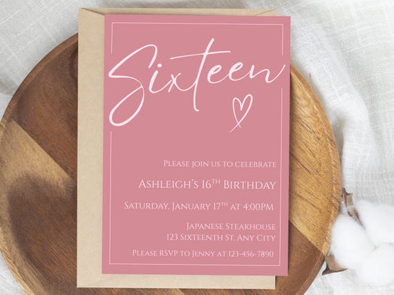 Pink Sixteenth Birthday Invitation, Printable Girls 16th Birthday Invite, Modern Minimalist Sweet 16, Editable Template 5x7 Instant Download