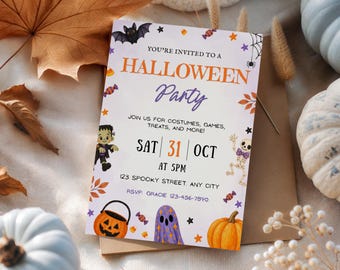 Halloween Party Invitation Template, Kids Pumpkin Halloween Invite, Costume Party Invite, Instant Download, Edit in Canva, Trick or Treat