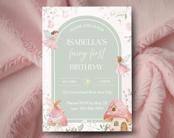Fairy First Birthday Invitation Template, Editable Girls Floral 1st Party Invite, Print or Share Digitally, Instant Download, 5x7