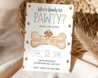 Who's Ready to Pawty Birthday Invitation, Editable Dog Party Invite, Kids Dog Birthday Theme, Puppy Pawty Evite, Digital Download 5x7