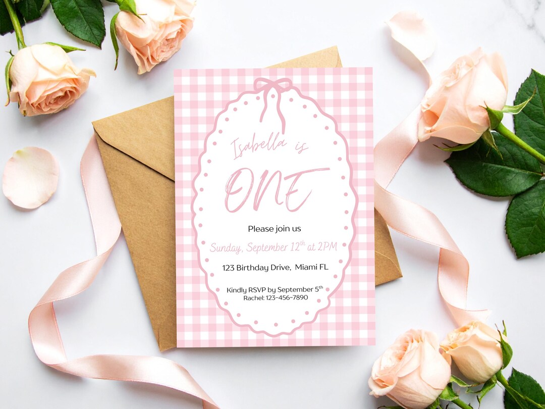 Pink Gingham Birthday Invitation With Bow, Printable Girls First ...