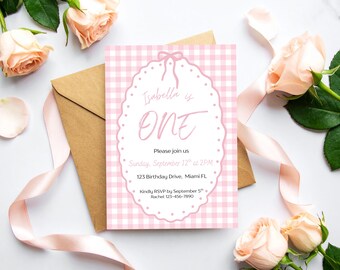 Pink Gingham Birthday Invitation with Bow, Printable Girls First Birthday Invite, Editable Canva Template, Digital Download