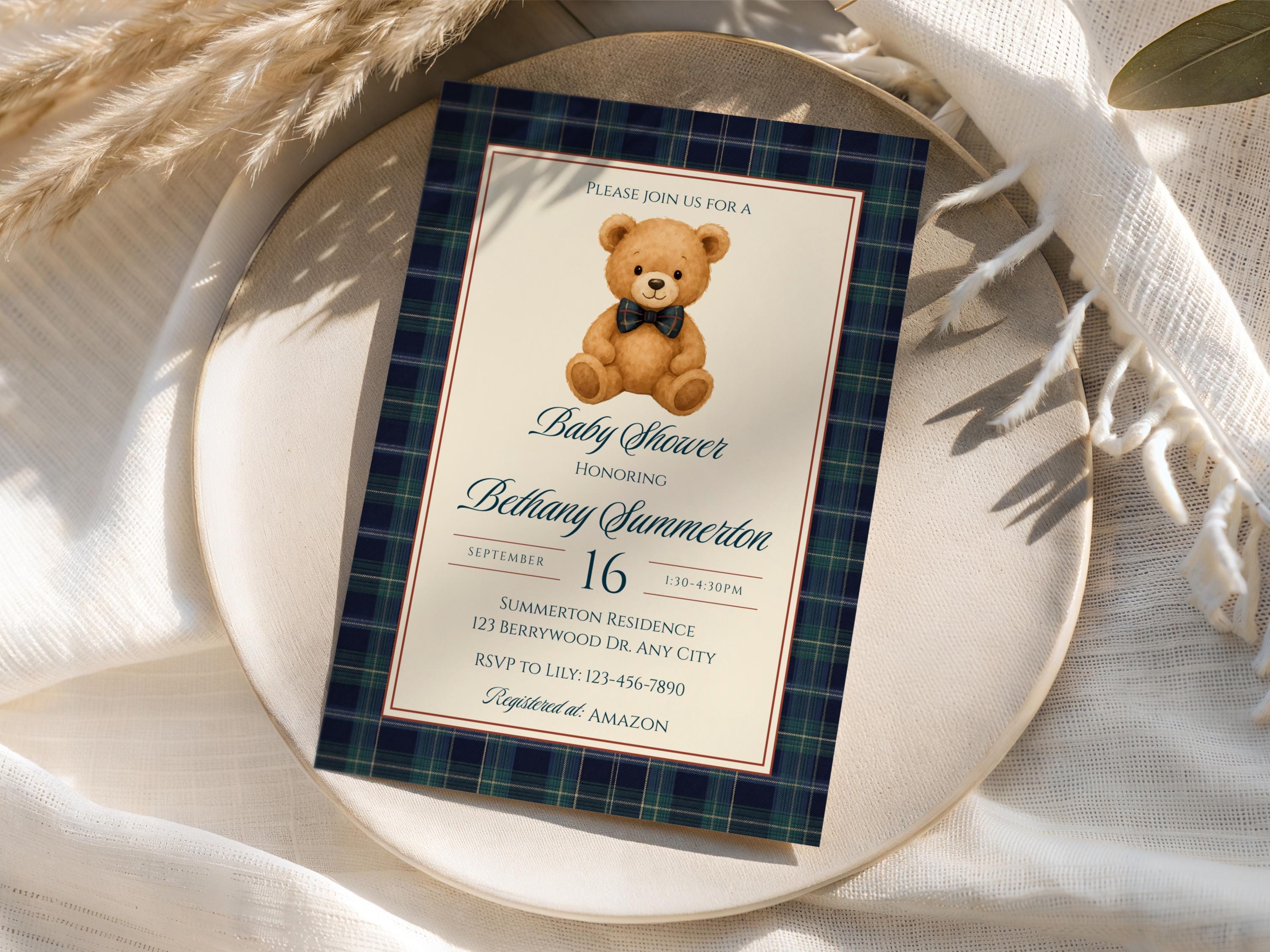 Polo Teddy Bear Baby Shower Invitation Template, Plaid Preppy Baby ...