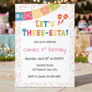 Three-Esta Birthday Invitation Template, Editable Fiesta 3rd Birthday Invite for Kids, Third Birthday Papel Picado Invite, Instant Download