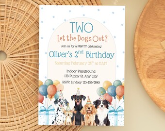 Two Let the Dogs Out Birthday Invitation, Printable Blue 2nd Party Invite, Puppy Pawty Evite, Bad Two the Bone, Editable Template