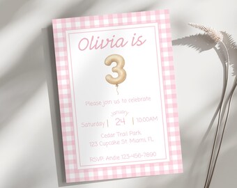 Pink Gingham 3rd Birthday Invitation, Printable Girls Balloon Third Birthday Party Invite, Editable Template, Instant Digital Download