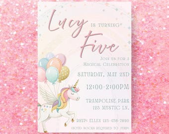 Unicorn Rainbow 5th Birthday Invitation, Editable Girls Pastel 5th Party Invite, Magical Unicorn Party Invite for any age, Instant Download
