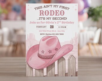 This Ain't My First Rodeo Birthday Invitation, Pink Cowgirl 2nd Birthday Invite, Girls 2nd Birthday Invite, Edit in Canva, Instant Download